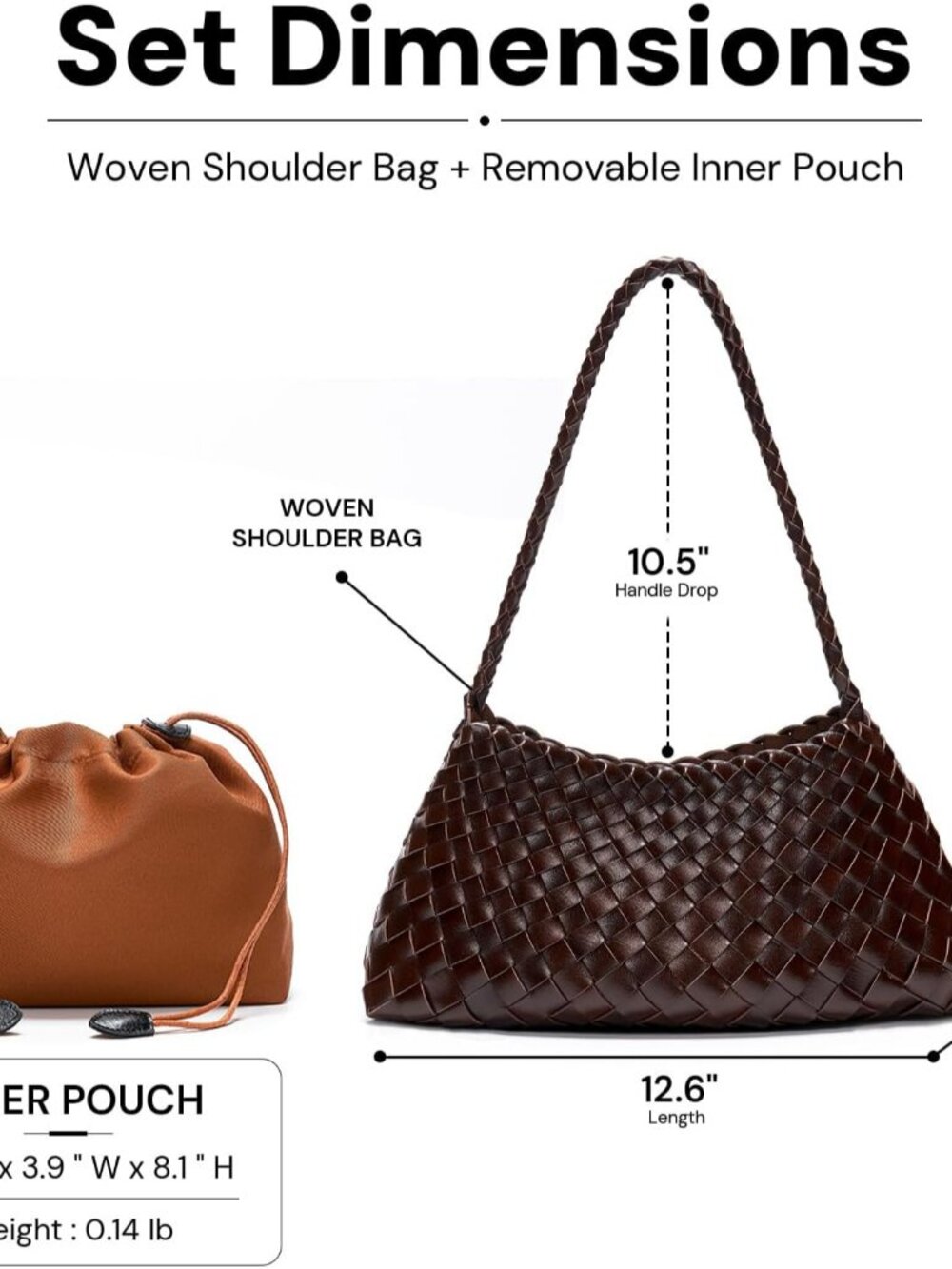 Woven Bag for Women, Vegan Leather Shoulder Purse with Inner Drawstring Pouch, T - Picture 4 of 5